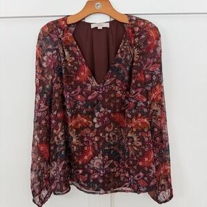 Loft Women's Burgundy Floral Print V-Neck Blouse Sheer Sleeve Overlay Boho SZ L